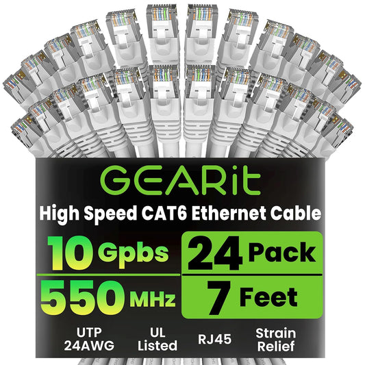 Cat 6 Ethernet Cable (24-Pack 7 Feet) Cat6 Network Patch, 10Gbps, RJ45, Snagless Cord, Gold-Plated Connectors, Internet for PC, TV, Tablet, Router, Printer, Servers, IT Data Center - White